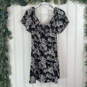 Graffiti Black Floral off the Shoulder Mini Dress‎ Feminine Boho Women MEDIUM